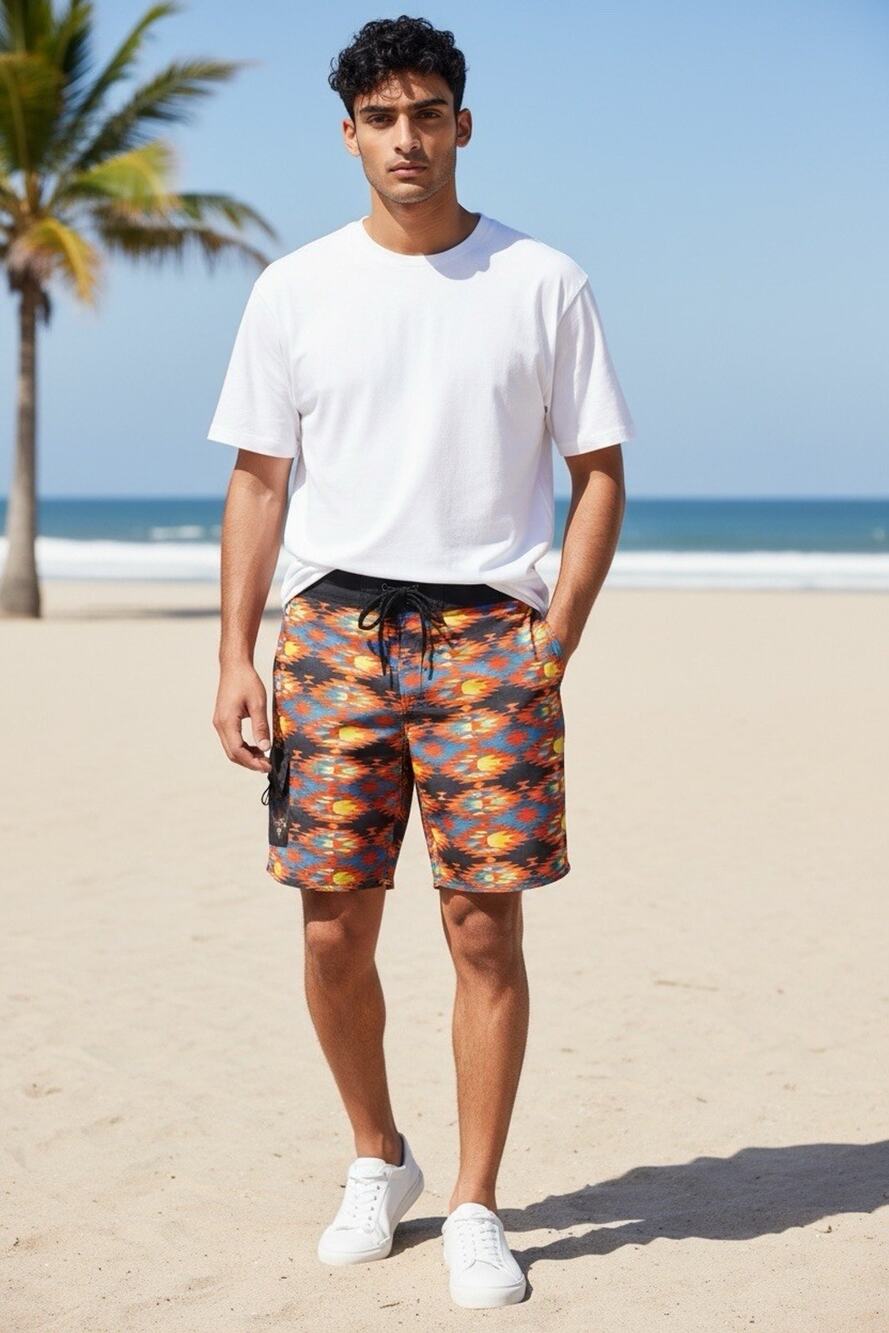 Carbon Men's Board Shorts Pocket Aztec Multicolor Drawstring Swim Trunks Size 36